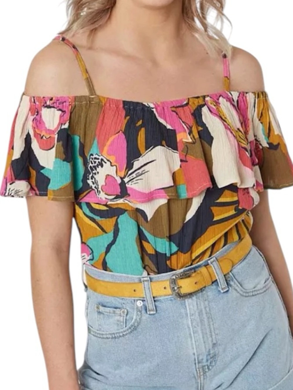 Billibong Floral Off-Shoulder Ruffle Blouse in Multi-Color